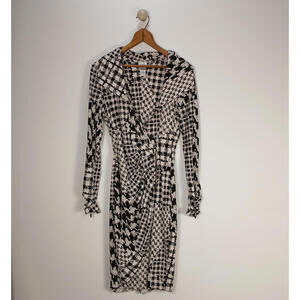 Caché Womens Bodycon Dress Size Small Houndstooth Draped Faux Wrap Effect Zip